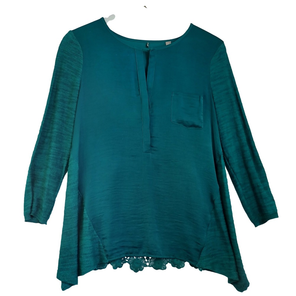 Knitted & Knotted Anthropologie Teal Green Crochet Lace Back Mixed Media Top M